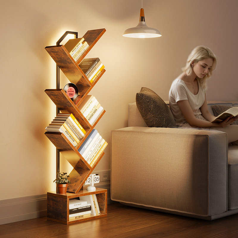 Tree Bookshelf With Led Lights, 6 Shelf Retro Floor Standing Bookcase With Spacious Storage Space, Utility Book Organizer Shelves With Stable Structure