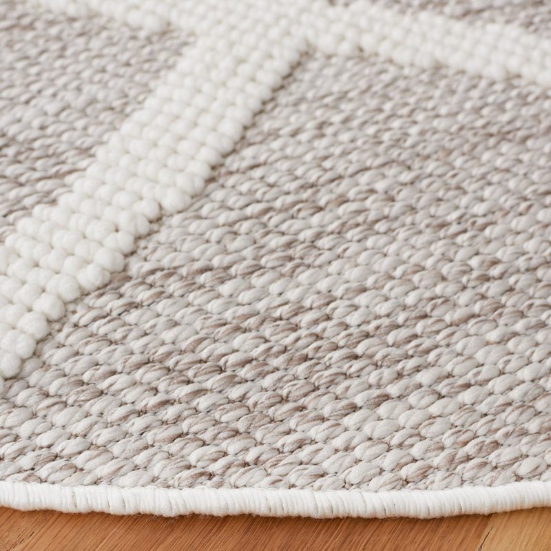 Tapis gris tissé à la machine à motif géométrique, Rond 6 pi 7 po