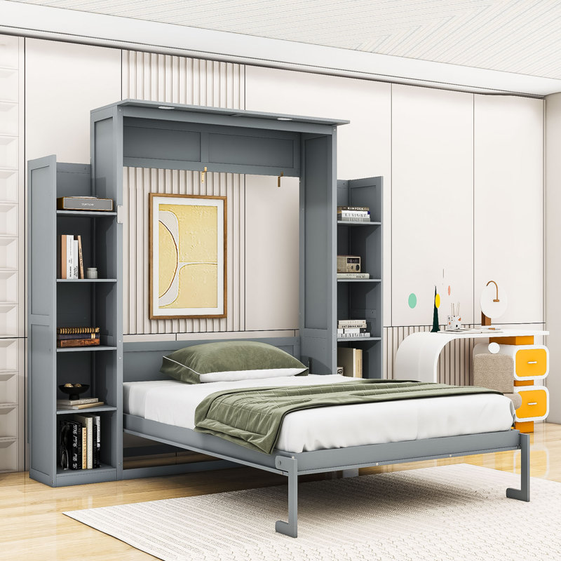Lit escamotable en bois avec tablettes et lumières DEL Rashem, Double, gris