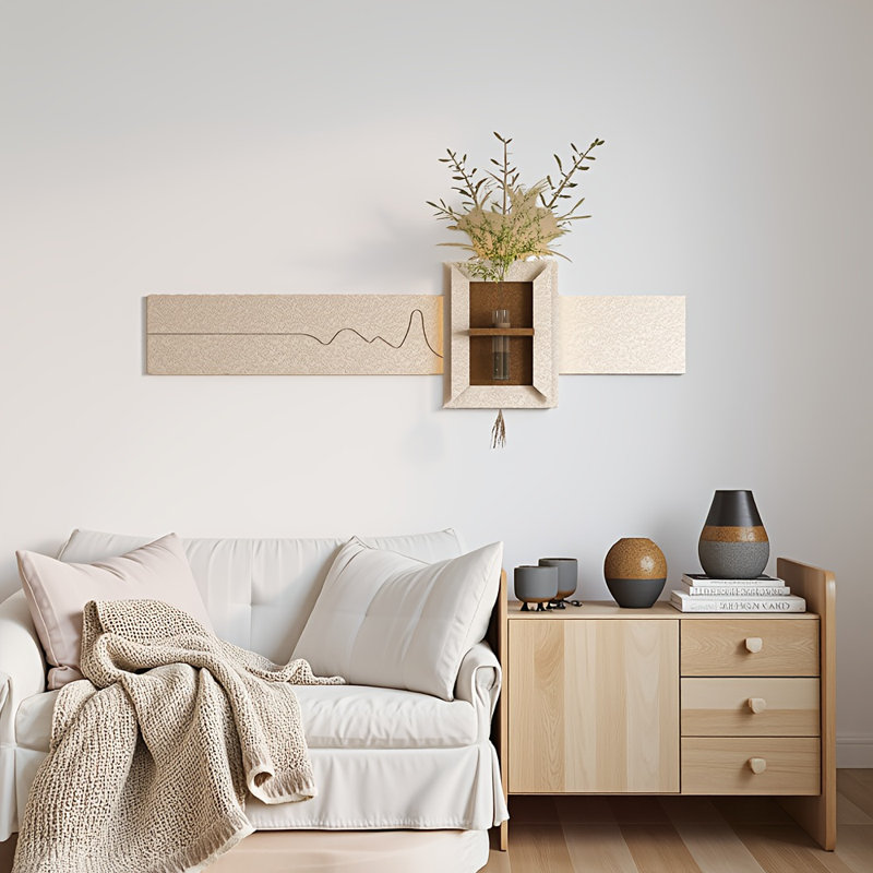 Décoration murale réglable en grès à 3 couleurs avec plantes simulées - sculpture d'art 3D, vase en verre et statue de lapin, télécommande pour salon, chambre à coucher, couloir