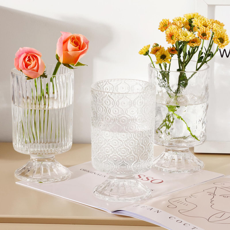 Set of 3 Clear Embossed Glass Vases for Wedding Centerpieces