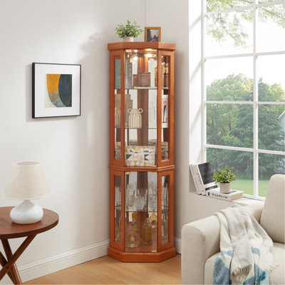 Vitrine de coin d'armoire en verre éclairée pour le salon, l'armoire, la collection Antique, le vin, la lumière de rangement en verre de bar incluse, chêne foncé
