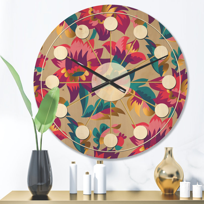 Horloge murale en bois Elegant Blossom Folk, Moyen