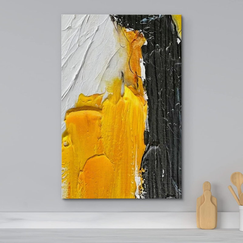 Peinture abstraite grunge, effet de coup de pinceau jaune, noir, blanc, paysage, formes abstraites, illustrations, art moderne, décor minimal