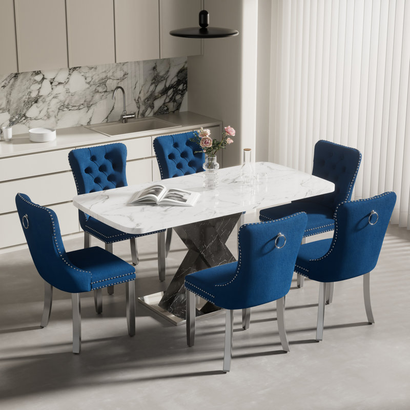 Ensemble de table de salle à manger extensible 47,24 à 63 po, 7, Blue, Black