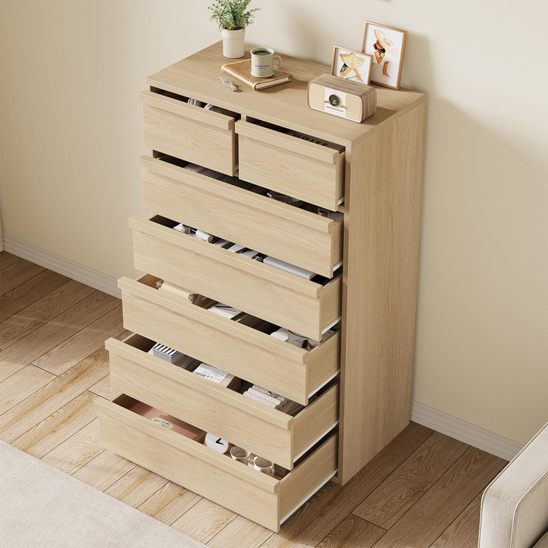 Modern Tall Dining Table with 7 Drawers, Natural Oak Storage Buffet Sideboard for Dining Room, Living Room, Entryway & Bedroom