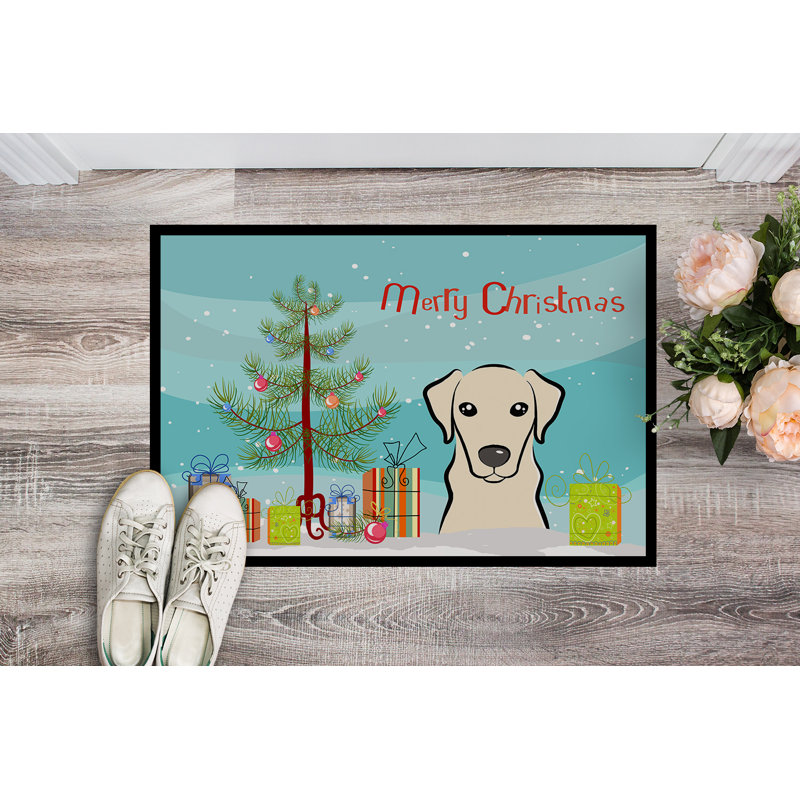 Tapis de porte d’extérieur anti-dérapant jaune sapin de noël et jaune labrador, Rectangle 1 pi 6 po x 2 pi 3 po