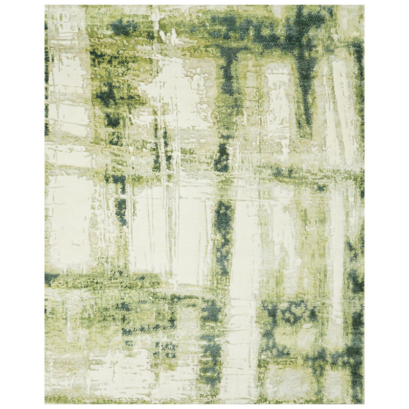 Tapis ivoire et vert noué à la main de haute qualité, Rectangle de 5 pi x 8 pi
