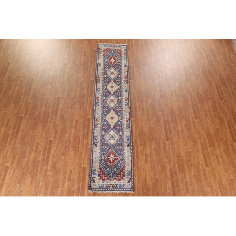 Tapis de couloir bleu en laine 3x12