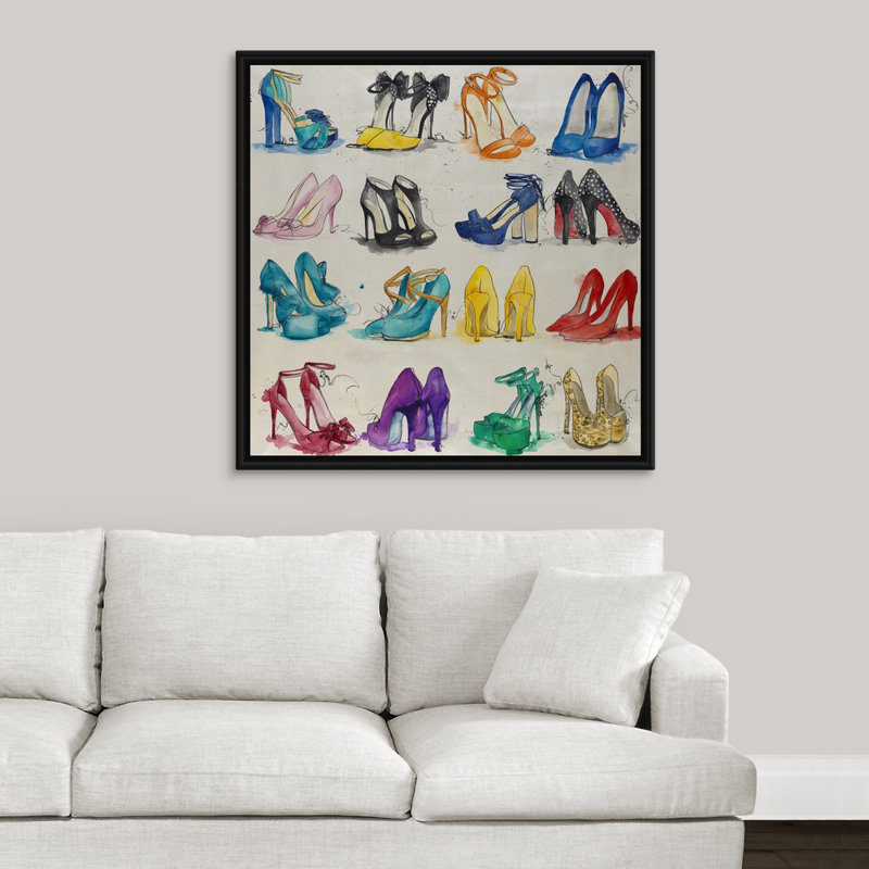 « placard of chaussures », peinture sur toile, H 37,7 po x l 37,7 po x P 1,75 po, Cadre flottant noir