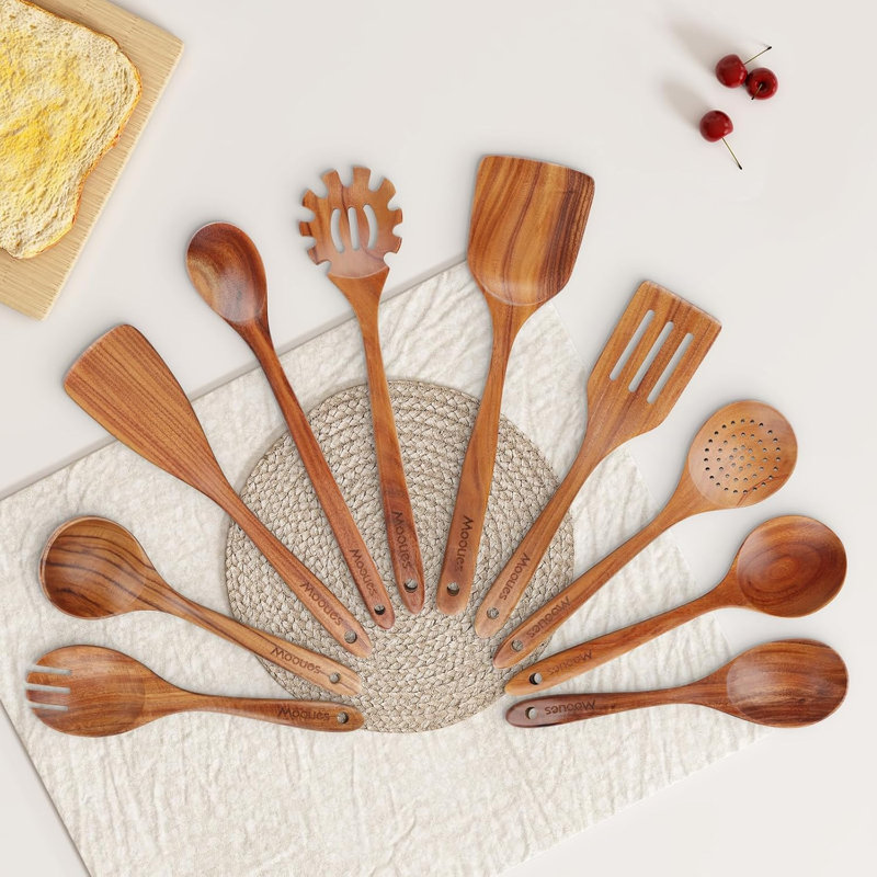 Ensemble de 10 cuillères à cuisson en bois de teck naturel Mooues Poignée ergonomique pour un plaisir de cuisson inégalé Le cadeau parfait pour les amis qui en ont besoin