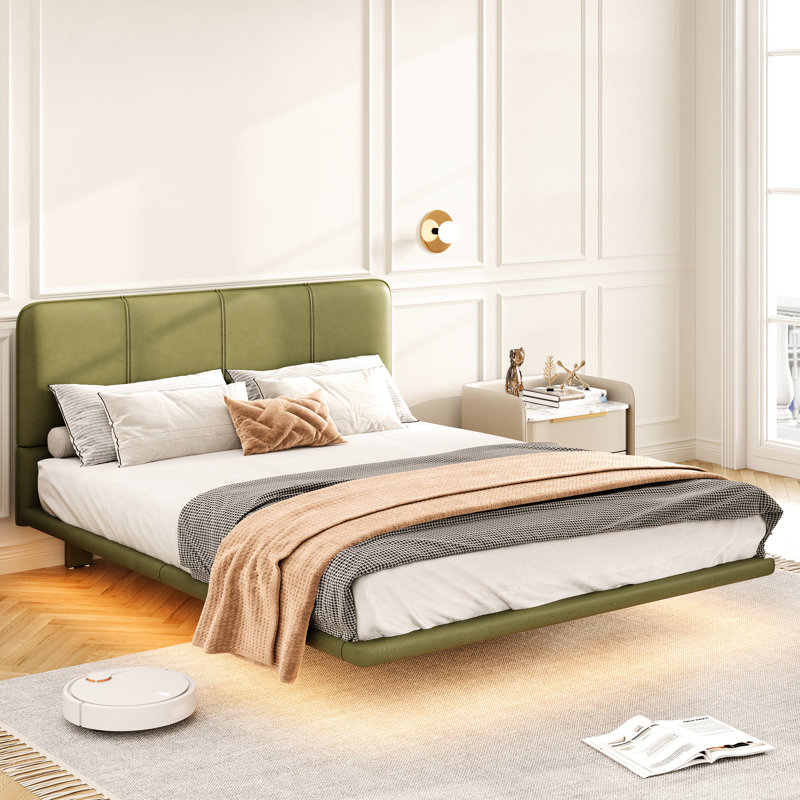 , Lit double, Lit flottant, Moderne, Lit flottant, DEL télécommandée, Conception en cuir synthétique, Lit plateforme en cuir confortable et durable, Stable, Installation rapide