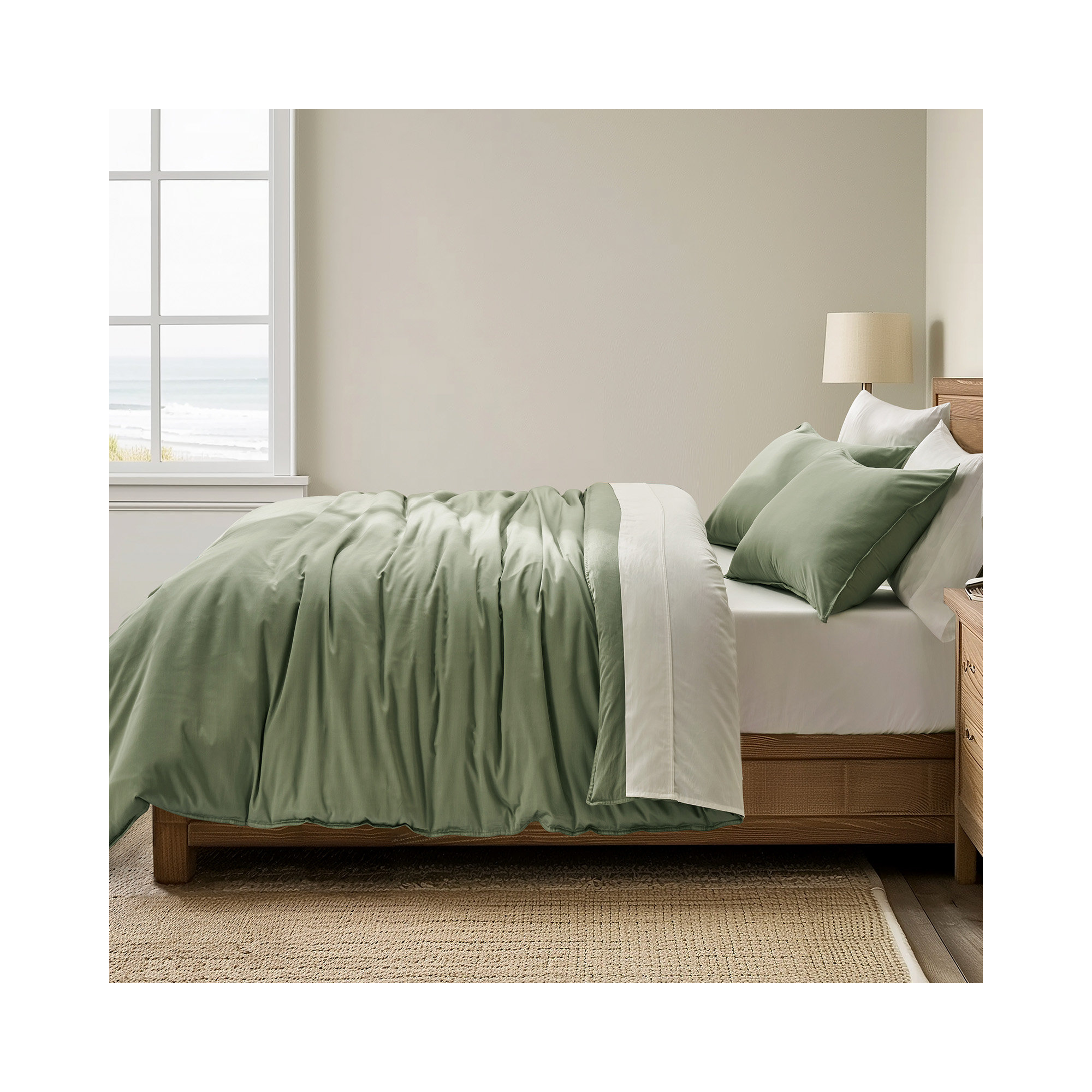Cotton Tencel Duvet Cover Set, Queen Duvet Cover + 2 Queen Shams, Sage Green