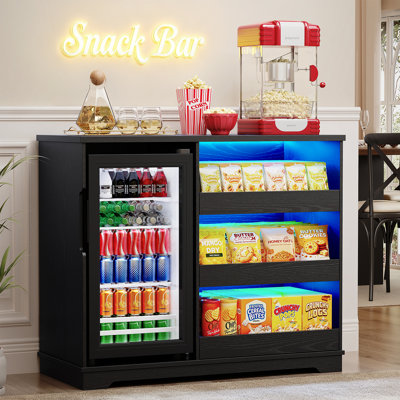 Snack-bar avec réfrigérateur inclus pour le cinéma maison, noir | Armoire à café avec lumières DEL, organisateur de collations avec rangement, capteur de corps humain, station de café de 39 po pour salle de jeux