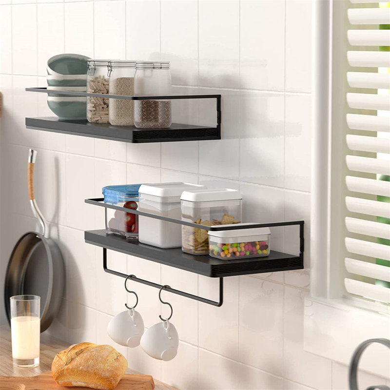 2 Piece Metal Floating Shelf with Towel Bar, Black