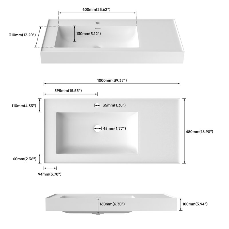 39 po. Lavabo blanc mat surface solide