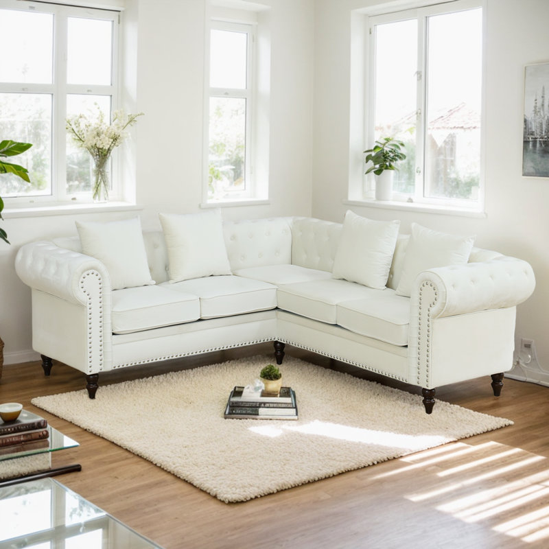 Classic Chesterfield Sectional Sofa,chesterfield L Shaped Velvet Sofa With 3 Pillows And Rolled Arm,luxury Button Tufted Sectional Couch 5-seater For Living Room