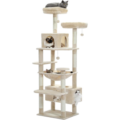Grand arbre à chat Road, tour à chat de 72 pouces pour grands chats, maisonnette pour chat avec poteaux à griffer et tampons recouverts de sisal, 2 perchoirs rembourrés, double condo et panier pour chats d'intérieur - beige