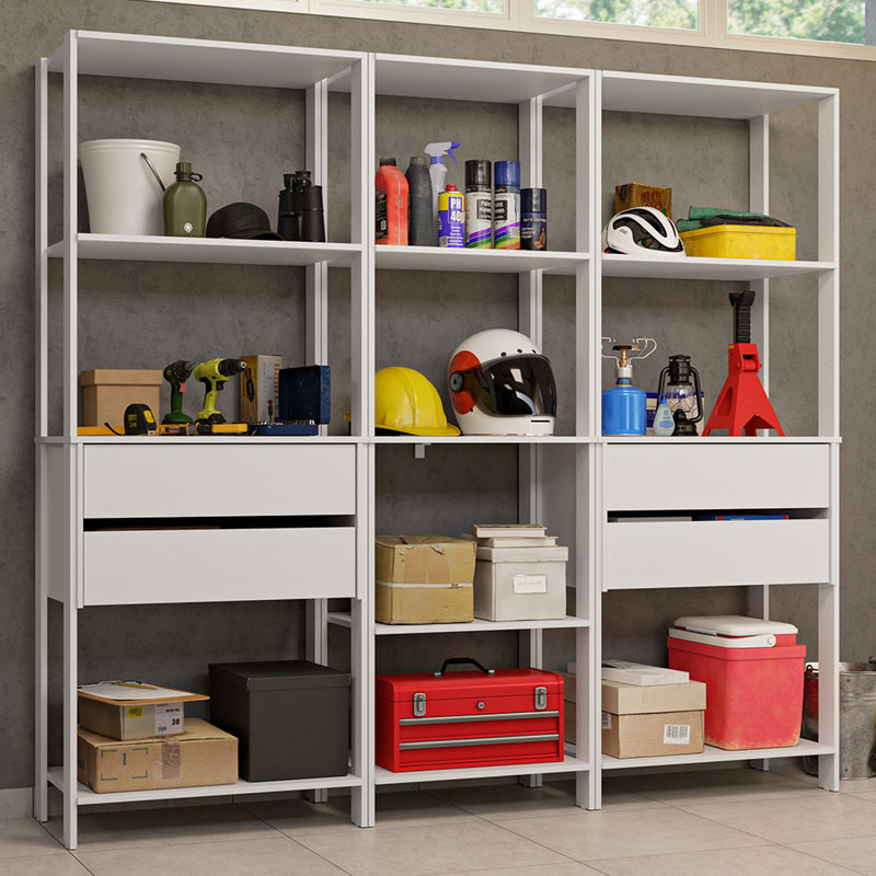 Madesa Garage Storage Rack with 4 Drawers and Open Shelves 78"L Multiuse Modular Organization Cabinet for Tools - White