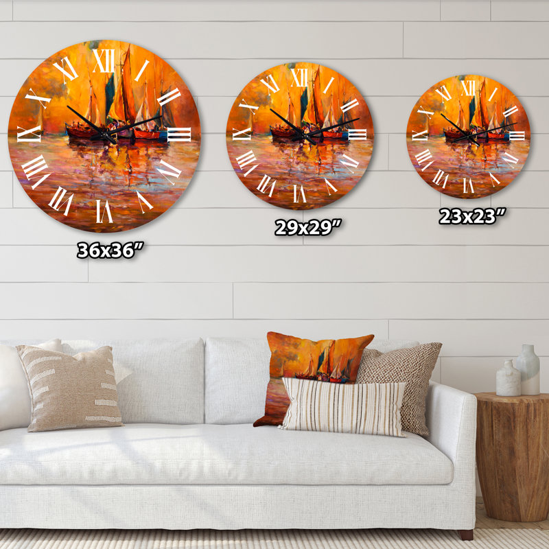 Bateaux sur l'océan pendant le coucher du soleil I - horloge murale nautique et côtière, Moyenne