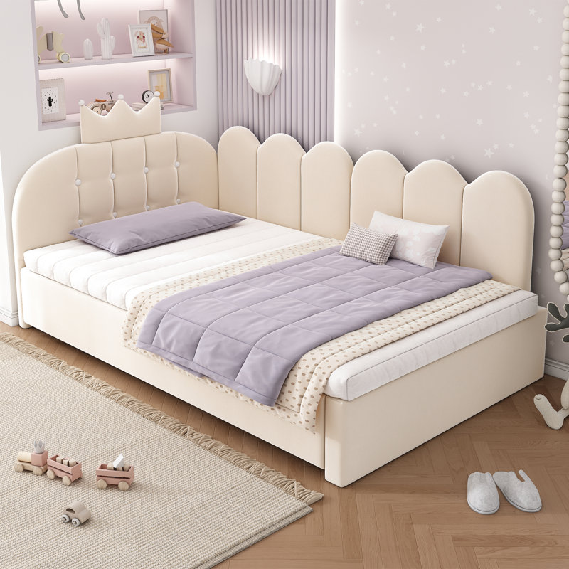 CrownLattice Upholstered Single Daybed with Pull Out Trundle, Crown-shaped Guest Beds, Beige