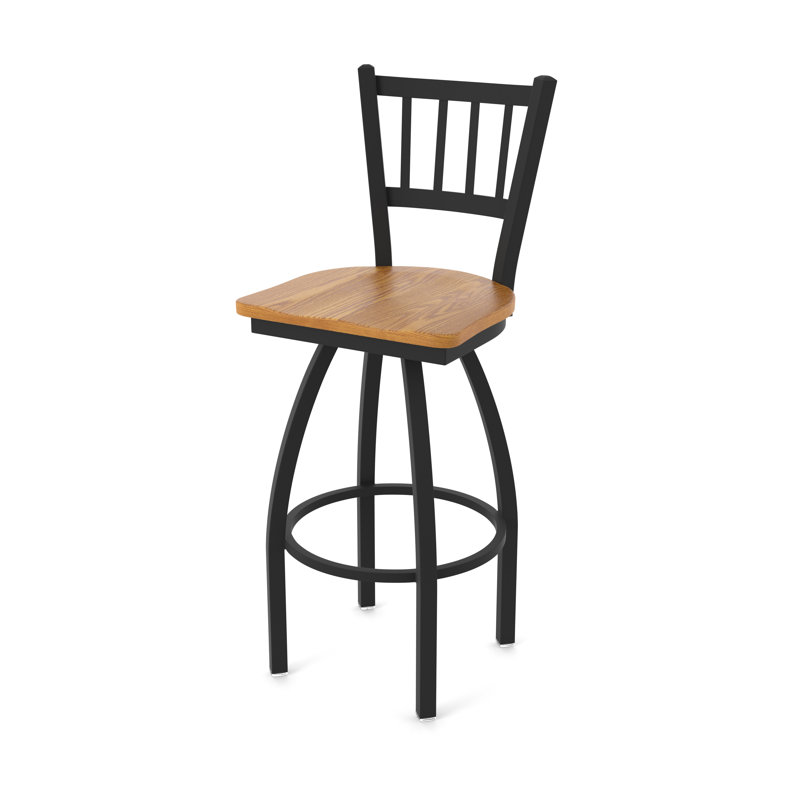 Nicolaie Swivel Counter Stool, Black Wrinkle, Wood-Medium Oak, Bar Stool (30” Seat Height)