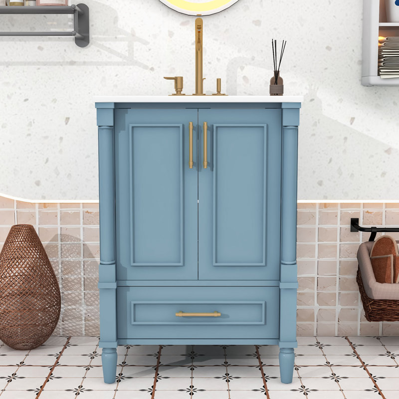 Meuble-lavabo moderne 24 po avec lavabo en céramique, charnières à fermeture douce, tiroir et tablette réglable, Bleu indigo