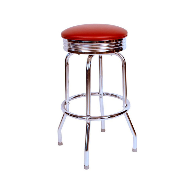 Retro Home Single Ring Chrome Pan Swivel Bar & Counter Stool, Red, Bar Stool (30" Seat Height)