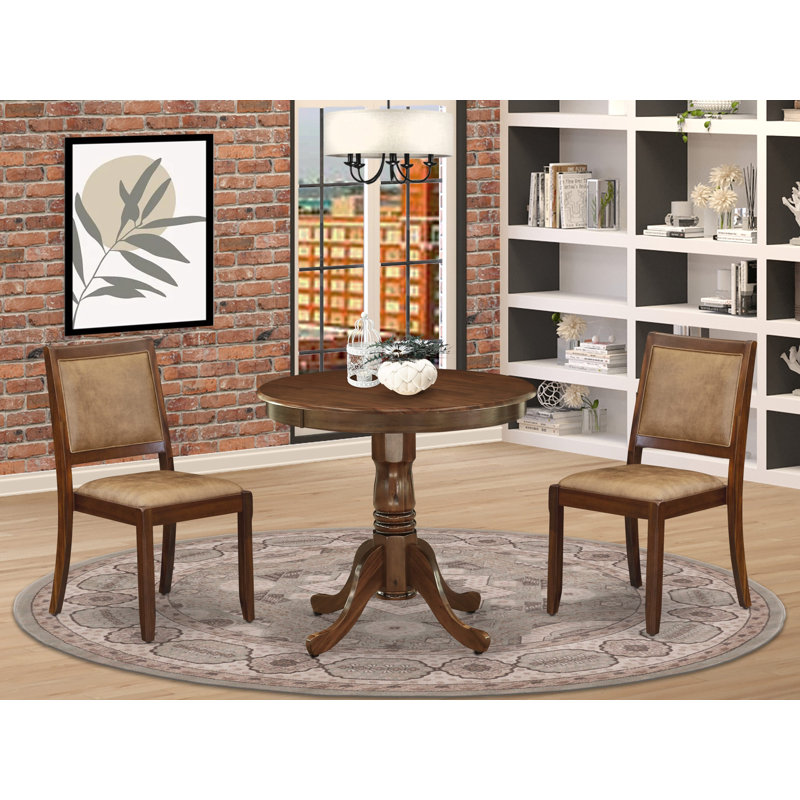 L'ensemble de salle à manger 3 pièces comprend une table de cuisine ronde avec plateau en noyer antique et 2 chaises empilables en tissu de polyester, noyer antique