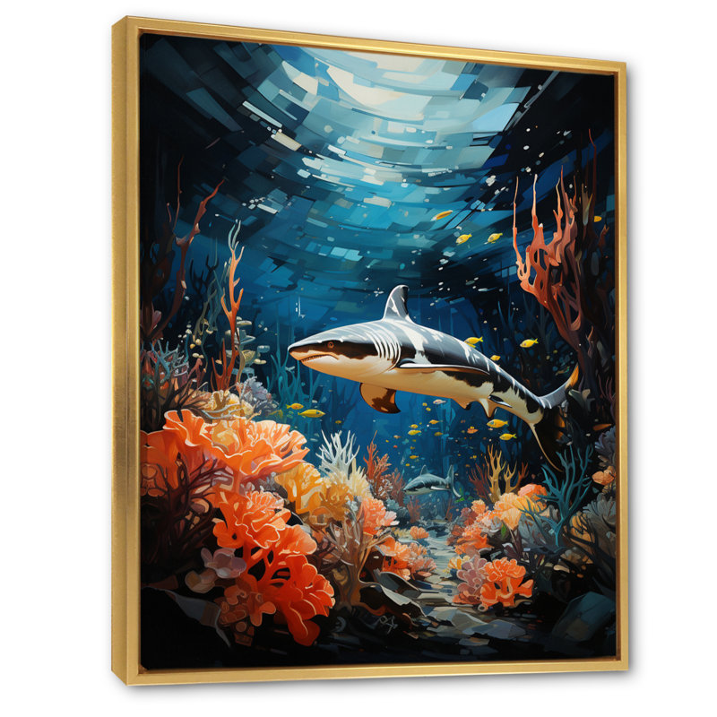 Teal Shark Animal Coastal Creatures " Teal Shark Animal Coastal Creatures ", 32" H x 16" W x 1" D, Gold Floater Framed