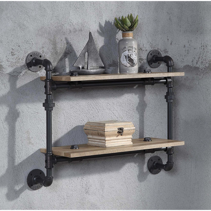 Étagère murale à 2 niveaux, tube en métal, chêne, noir sableux, conception de conduites d'eau, étagères de présentation décoratives, cadre, style, espace, rangement de bureau
