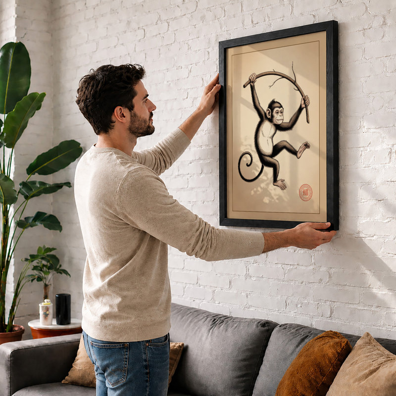 Leaping Chimpanzee Japandi - Framed Print, A2 - 59.4 x 42.0 cm, Walnut