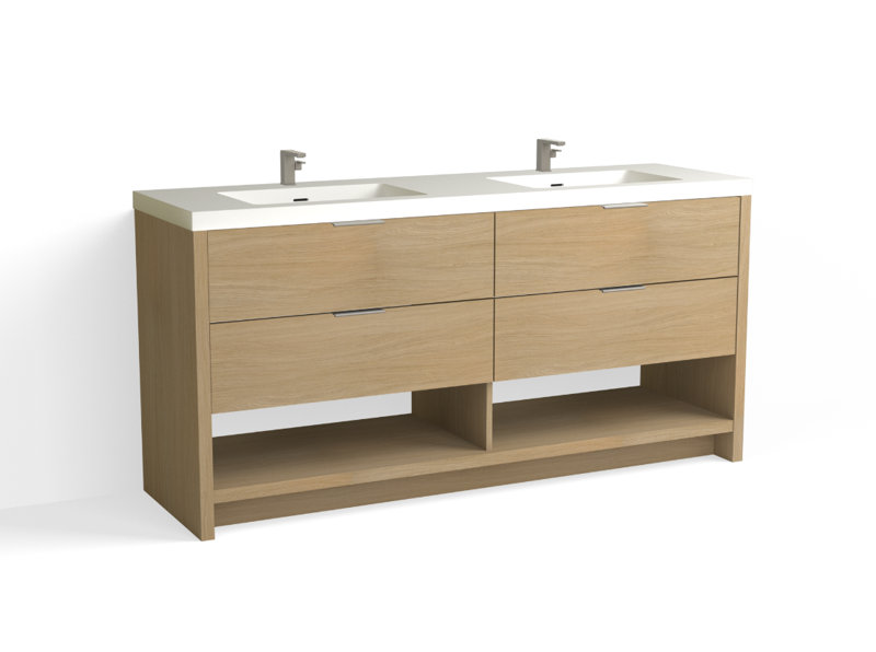 Vue 72" W Freestanding Double Bathroom Vanity, Biondo, Satin Nickel, Glossy White/Single