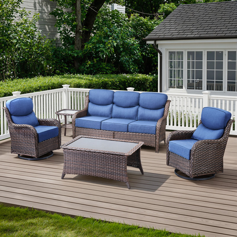 Ensemble 5 pièces de canapé de patio et de chaises pivotantes en osier avec table basse, Bleu, Brun