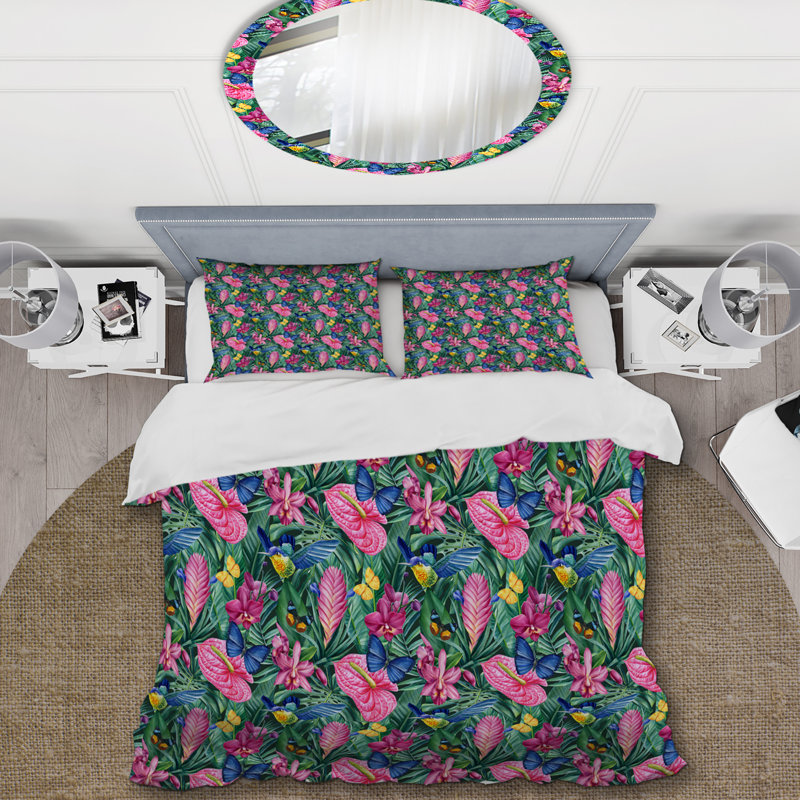 Vert et rose Tropical I - Ensemble de housse de couette à motif floral - Microfibre de polyester