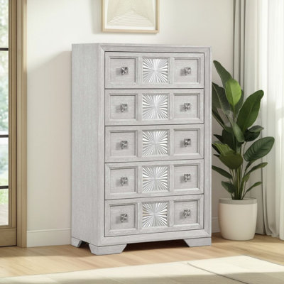 Diaz Tall Dresser Chest, 5 Drawers, Sunburst Metal Design, Light Gray