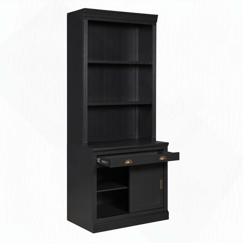 Bibliothèque haute avec éclairage DEL, portes coulissantes et étagères ouvertes pour le rangement de la maison, Black