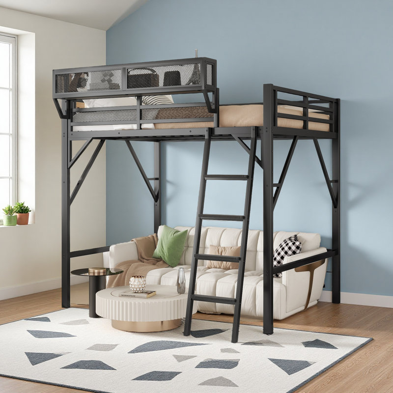 Loft Bed With Ladder, Metal Loft Bed With Storage Shelves, High Loft Bed For Kids Teens, Full