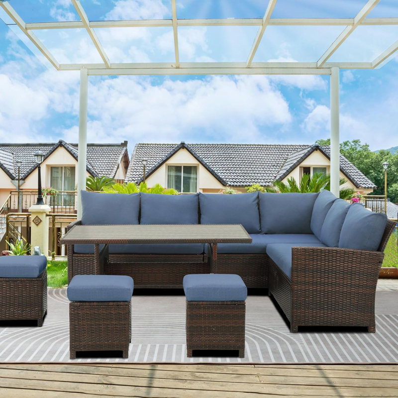 7 Piece  Wicker Patio Dining Set  9-Seat  Outdoor Sectional Cushions Sofa With Ottomans & Dining Table Porch Backyard Garden