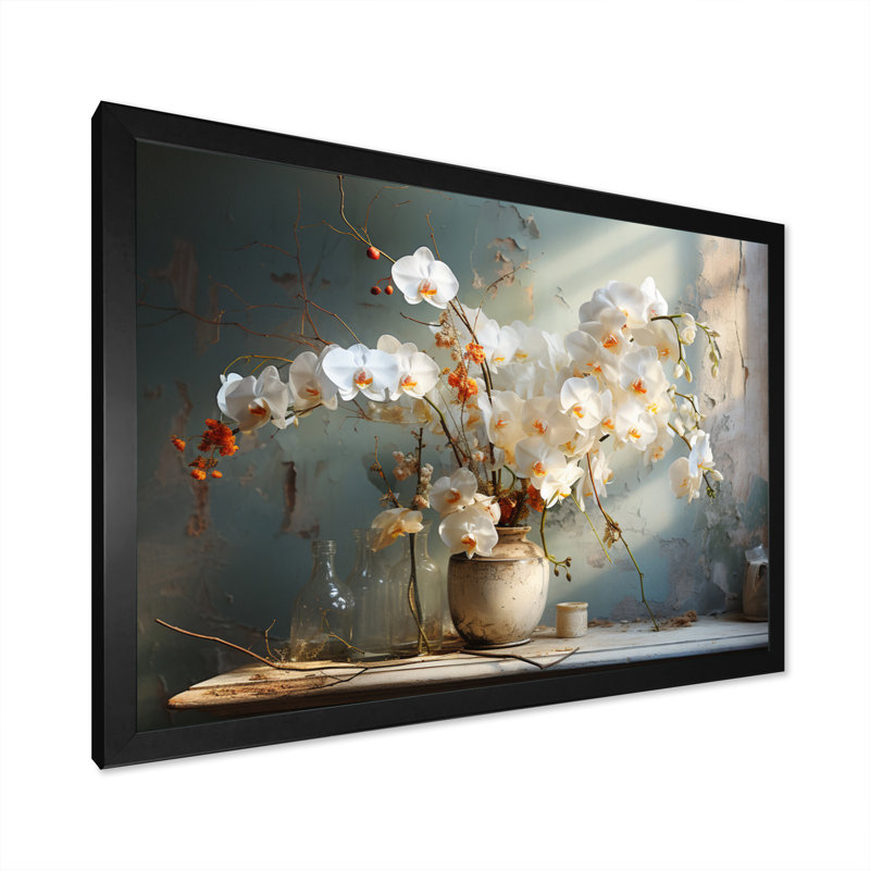 «Beige Minimalims Orchids Still Life» sur toile, H 24 po x l 32 po x P 1 po, Cadre simple noir