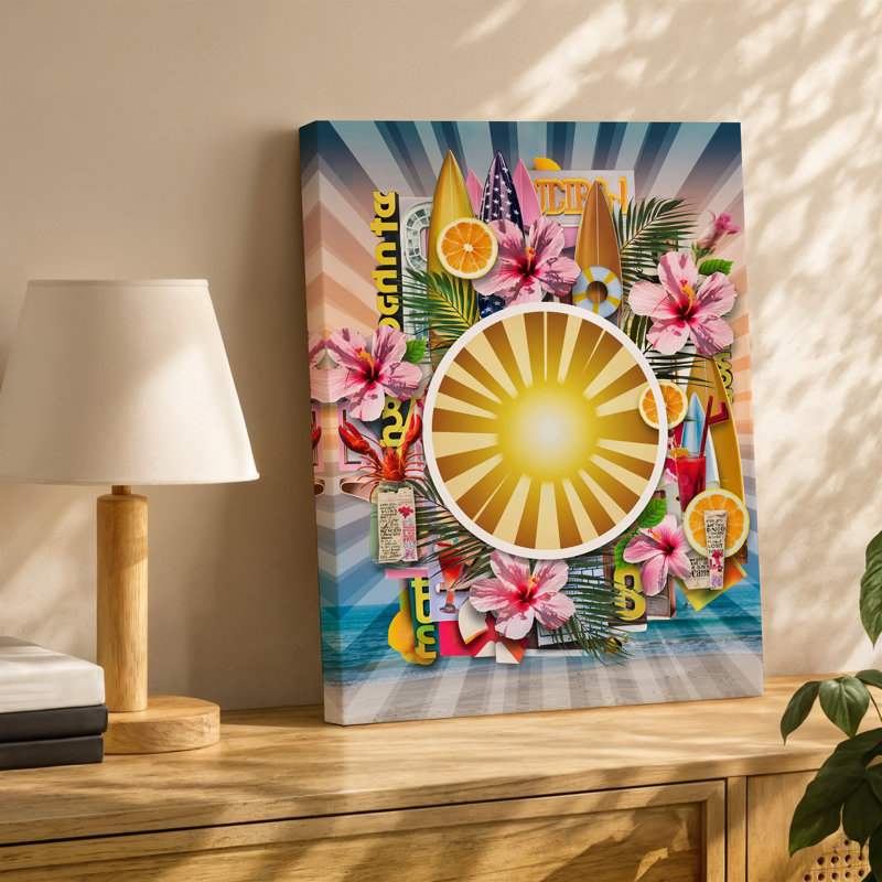Reproduction d'art sur toile, "Collage d'été éclatant de couleurs" avec art solaire au centre Rayons d'or rayonnant entouré d'art sur toile