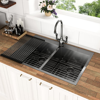 Évier double bac noir canon de fusil - 84 x 56 cm, acier inoxydable calibre 18, style moderne, bac noir, pratique pour la cuisine