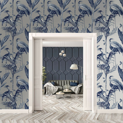 Belgravia Azzura Leaf Navy Blue Metallic Silver Tropical Birds Leaf Wallpaper