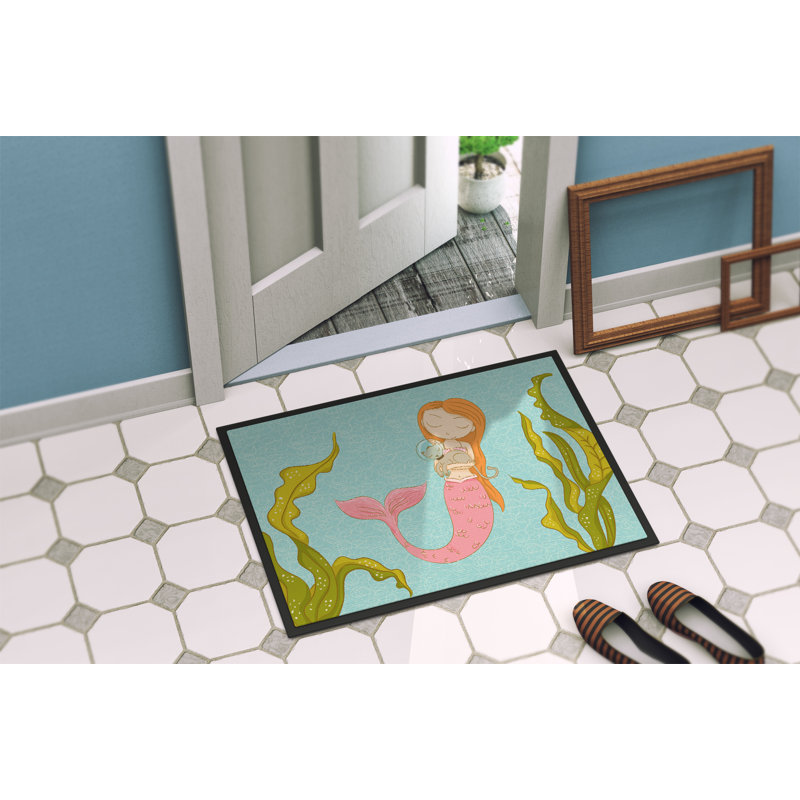 Tapis de porte pour l’extérieur antidérapant sirène et chat subaquatique, Rectangle 1 pi 6 po x 2 pi 3 po