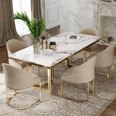 Modern White Faux Marble Dining Table with Double Pedestals Base Pre-Assembly