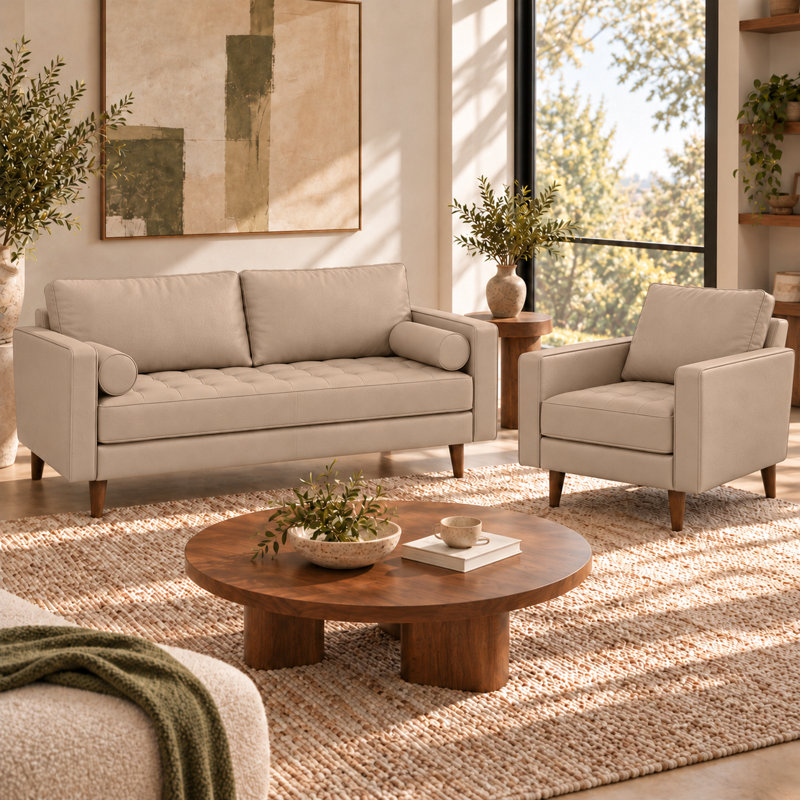 Canapé à accoudoirs carrés en cuir Bridgeview, Beige Faux Leather