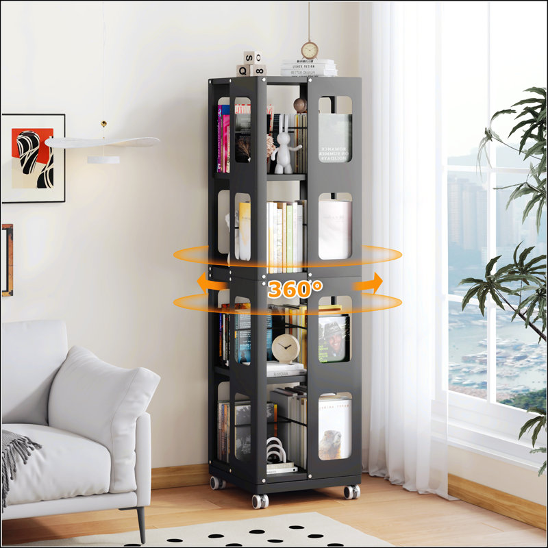 4-Tier All-Steel Rotating Bookshelf With 360° Wheels, Black