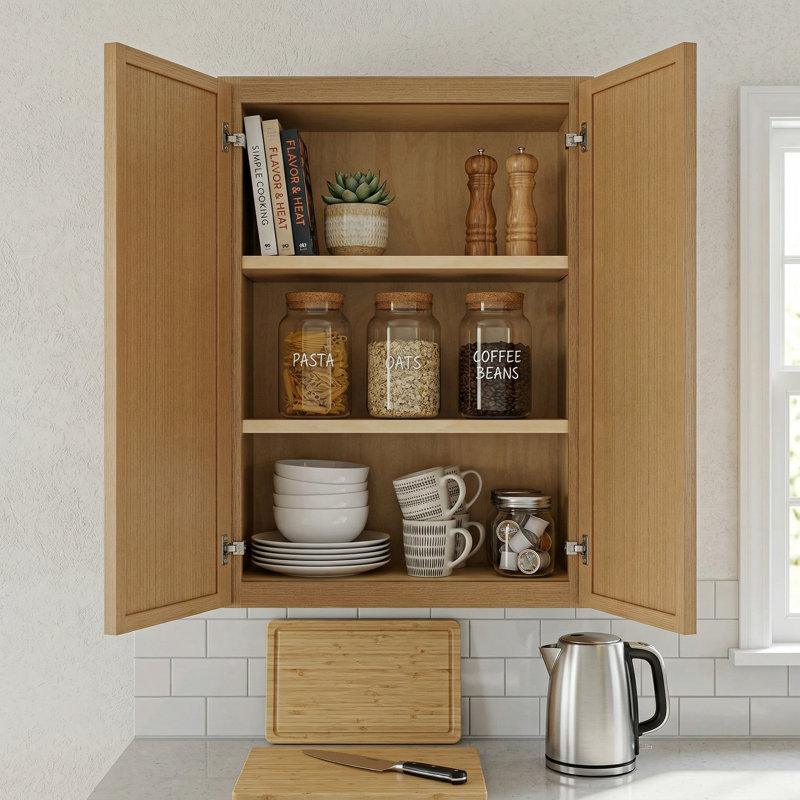 Armoire murale moderne en chêne blanc, fabrication en contreplaqué et charnières à fermeture douce, plusieurs tailles pour un rangement de cuisine personnalisé