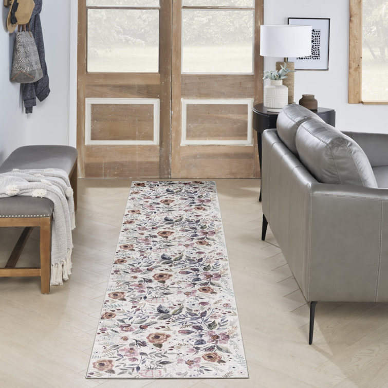 Abigayle Floral Machine Washable Cotton Area Rug in Ivory/Pink