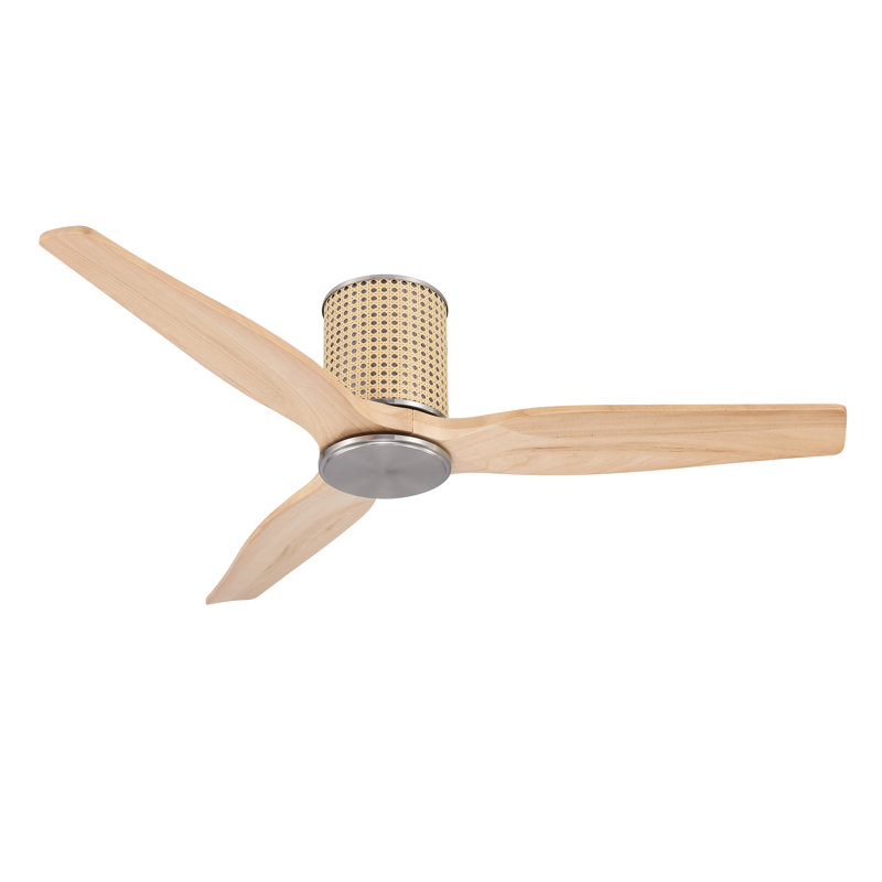 48inch 3 Blades Ceiling Fan Low Profile Flush Mount  Rattan Fan 6 Speed Remote DC, Natural Wood Grain with Nickel, Natural